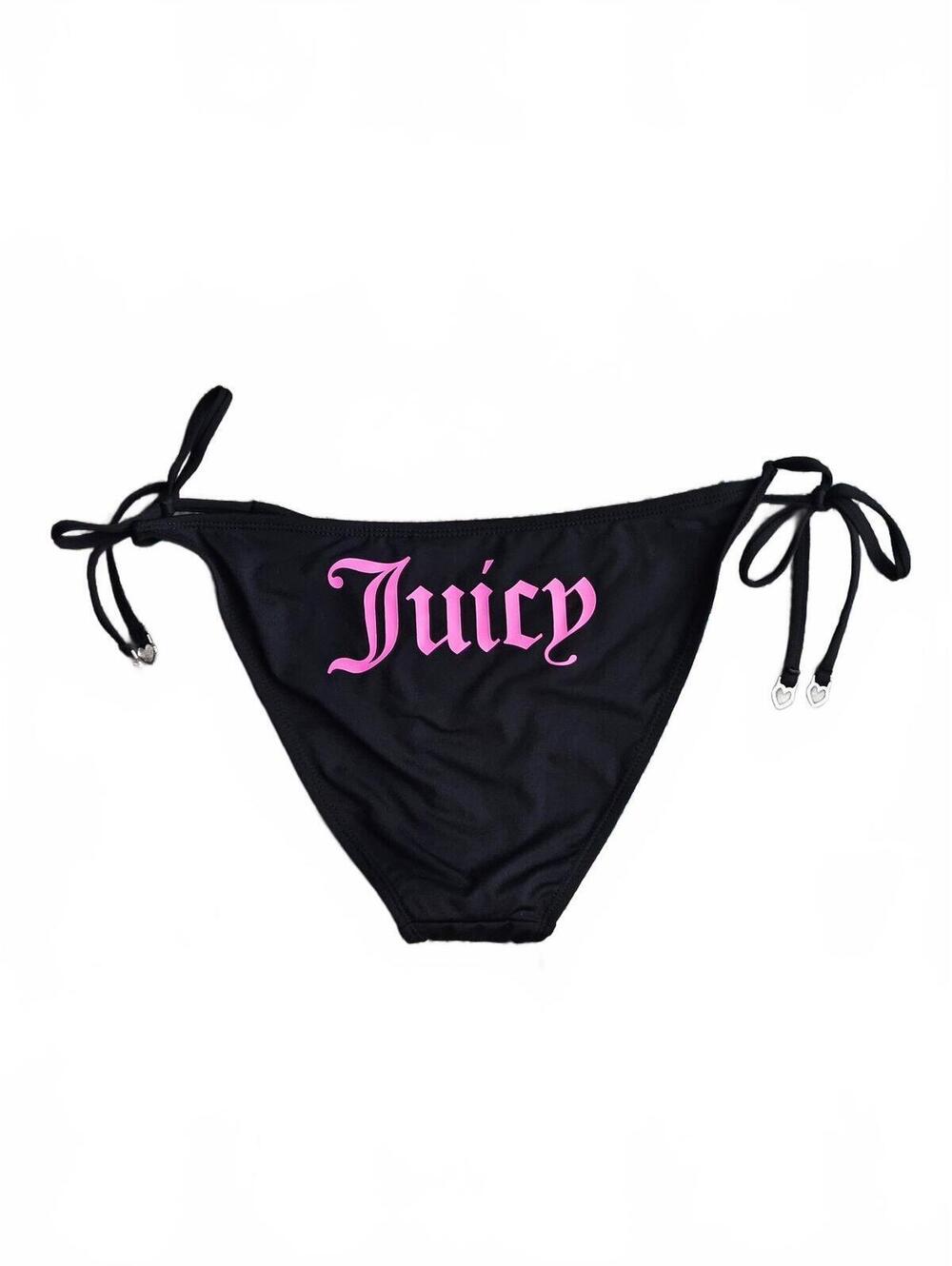 Juicy Couture Black Side Tie Bikini Bottoms Pink Logo Swim Size Small NWOT E/6